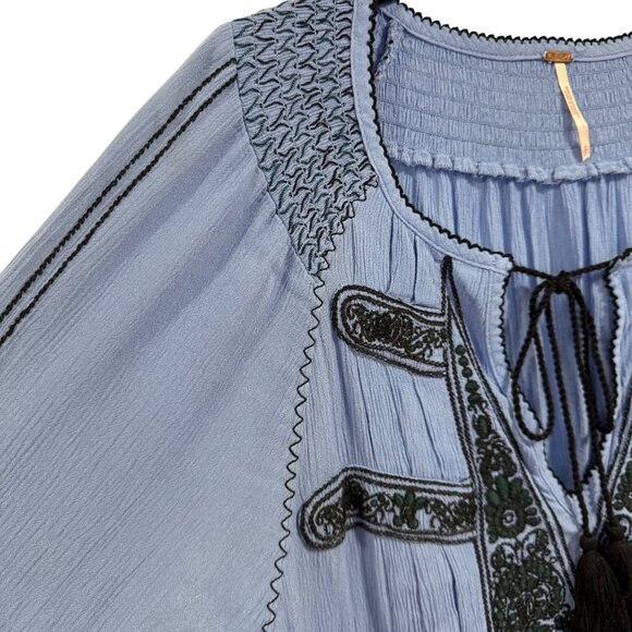 Free People Wind Willow Embroidered Mini Peasant Boho Blue Dress Size‎ S - Picture 4 of 10